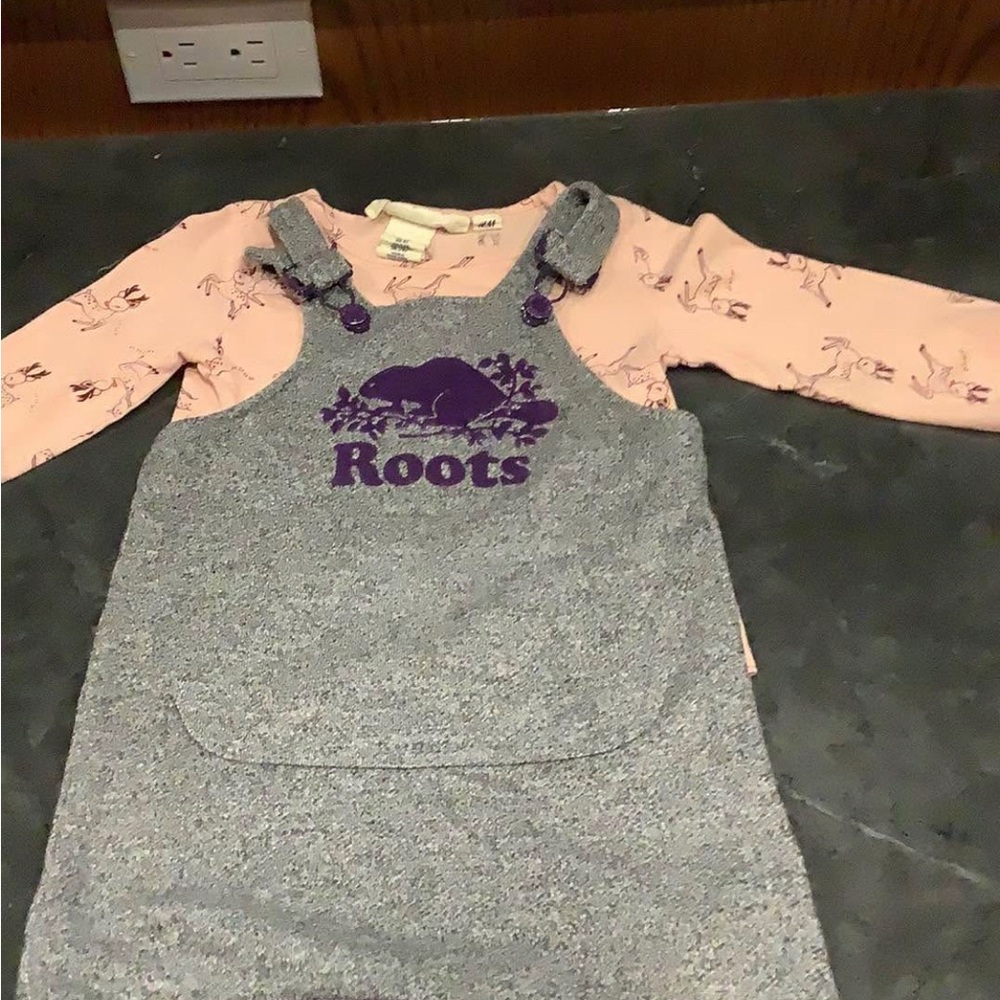 Roots Dress in Classic Grey with Purple Logo and Pink Top (H&M). 4T.
